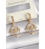 Pirinç Gold Renk Zirkon Taşlı Göz Model Kadın Küpe (Altın)