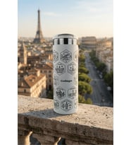 Collego 500 ml Erkeklere Özel Avrupa Seyahat Termosu EXPLORER NO7 – 24 Ülke Lazer İşlemeli, Renkli UV DTF Sticker Setli