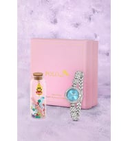 Polo Air Kadın Kol Saati Ve Smile Figürlü Mantar Tıpalı Özel Notlu Cam Dilek Şişe Gümüş Mavi Renk ST-2183S6 (Mavi-Gümüş)