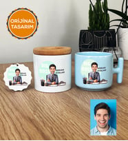Kişiye Özel Karikatürlü Patron Hediye Seti Pastel T Kupa, Kalemlik, Anahtarlık Big Boss Patrona Doğum Günü Hediyesi (Mavi)