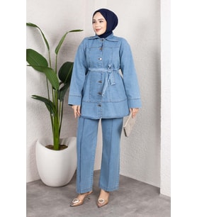 Kuşaklı Düğmeli Denim Takım – Rahat Kesim İkili Kombin Buz Mavisi