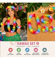 Aloha Hawaii Çiçek Seti (Boyunluk, Taç ve 2 Bileklik)