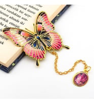 Canlı Pembe Renkler Kelebek Altın Rengi Metal Kitap Ayracı Zincirli AY100