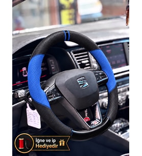 Seat Leon Mk3.5 Dikme Direksiyon Kılıfı Delikli Deri Parlak Siyah Mavi Detay Çift Yüzük ve Dikiş 2017-2020
