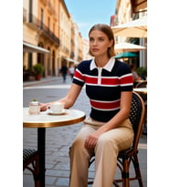 Kadın Bluz Polo Yaka Kısa Kol Triko İnce Fitilli Desenli Fitted Kesim Regular Boy Günlük Kullanım