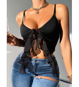 Fantezia Night Kadın Siyah Crop Askılı Önden Bağlama Fırfır detaylı 5089