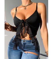 Fantezia Night Kadın Siyah Crop Askılı Önden Bağlama Fırfır detaylı 5089