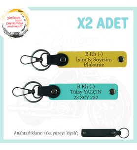 Motor Severlere İsim Plaka ve B Rh (-) Kan Grubu Yazılı Özel Tasarım x2 Anahtarlık, Sarı-Turkuaz-Syh