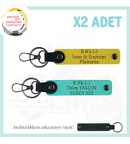 Motor Severlere İsim Plaka ve B Rh (-) Kan Grubu Yazılı Özel Tasarım x2 Anahtarlık, Sarı-Turkuaz-Syh