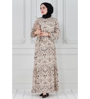 Motif Desen Beli Kuşaklı Viskon Elbise-VİZON