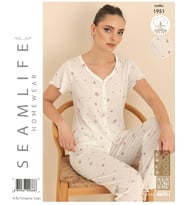 Seamlife Kadın %100 Pamuk Önü Düğmeli Kısa Kollu Pijama Takımı 1951 (Ekru)
