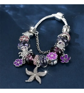 Pandora Tarz , Yeni Collections, Deniz Yıldızı Karetta  Mor Charmlı Gümüş Bİleklik, Ahşap Kutu içerisinde