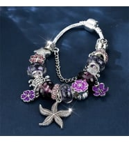 Pandora Tarz , Yeni Collections, Deniz Yıldızı Karetta  Mor Charmlı Gümüş Bİleklik, Ahşap Kutu içerisinde