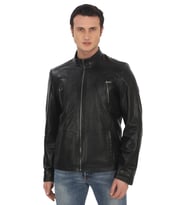 Erkek Hakiki Derimont Siyah Kuzu Derisi Ceket Fermuarlı Cepli El Yapımı Motorcu Tarzı Slim Fit