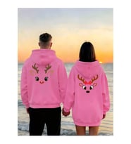Sevgili Çift Kombin Hoodie Geyik Baskılı Oversize Kapüşonlu Sweatshirt 2’li Set Unisex 3 İplik (Pembe)