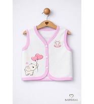 Kız Bebek Yelek Jakarlı Kalp Desenli Pamuklu Çıtçıtlı Fil Baskılı Bebek Yeleği Mevsimlik,Yumuşak (Pembe-Ekru)