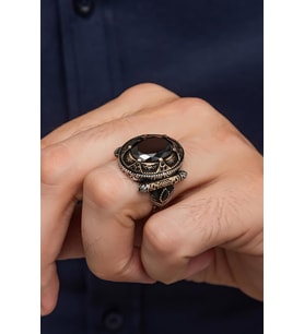 Siyah Taşlı Oval Motifli 925 Gümüş Erkek Yüzük
