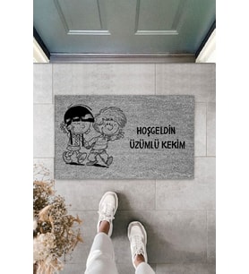 Dormot Modern Dijital Baskı - Gri Hoşgeldin Üzümlü Kekim - Kapı Önü Paspası (Bej)