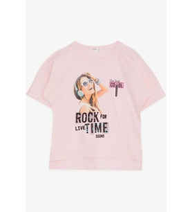 Breeze Kız Çocuk Tişört Havalı Rockçı Kız Baskılı 9-16 Yaş, Pembe