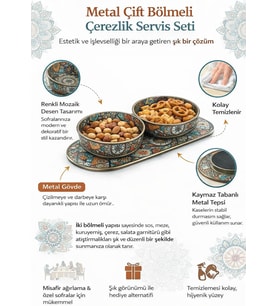 Metal Mozaik Desenli 2’li Servis Kasesi Seti, Çift Bölmeli Meze, Sos ve Kuruyemiş Sunum Kabı, Kaymaz Metal Servis Tepsili, Şık ve Dayanıklı Sofra Aksesuarı, Ev, Misafir Sunumlarına Uygun