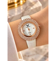 Rubenis Swiss Kadın Kol Saati Pembe Altın Renkte Çelik 33mm Kristal Taşlı Gerçek Deri Kayışlı Beyaz Sedef Kadranlı
