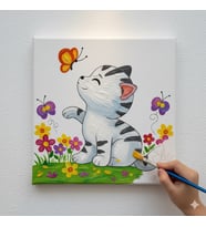 20x20 Resimli Tuval Çocuk Boyama Seti- Kedi-2 resimli 3 boya 1 fırça