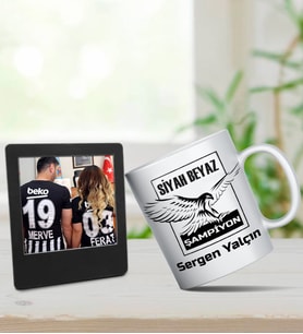 Kişiye Özel Şampiyon Siyah Beyaz Kupa & Siyah Renk İnstagram Çerçeve Hediye Seti