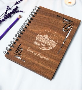 Kişiye Özel İstanbul Desenli Ahşap Kapaklı Defter - Ajanda - İsme Özel - A5 60 Yaprak (120 SAYFA) Hediyelik (Gümüş)