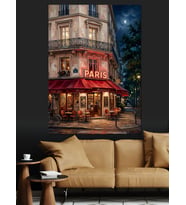 Gece Işıkları Altında Paris Kafesi Dekoratif Kanvas - Mdf Ahşap Tablo
