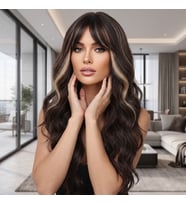 Dalgalı Uzun Perçemli Fiber Sentetik Peruk - Karamel Işıltılı Koyu Çikolata Kahve