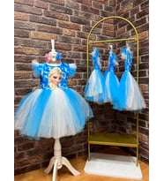Kız Çocuk Taçlı Tüllü Astarlı Frozen Elsa Elbise