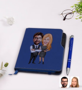 BK Gift Kişiye Özel Sevgililer Karikatürlü Lacivert Termo Deri Defter Kalem Seti-100