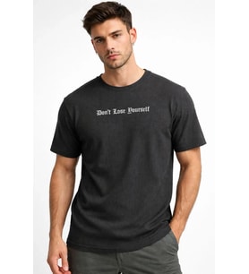 Erkek Wafıl Kumaş Tişört Regular Kalıp Bisiklet Yaka Baskılı T-Shirt - Siyah