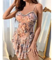 Kadın Volanlı Bej-Mavi-Mor Çiçek Baskılı Vintage Gecelik-3663/1 (Çok Renkli)
