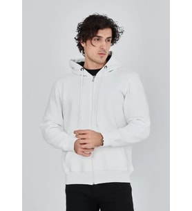 Unisex Tam Fermuarlı Kapşonlu SweatShirt - Beyaz
