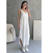 Nare Askılı V Yaka Beyaz Midi Elbise (Beyaz)