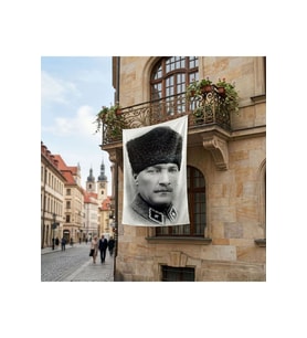 Siyah Beyaz Kalpaklı Atatürk Portresi Poster Bayrak Premium Raşel Kumaş ATA30