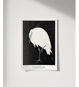 Çerçevesiz Poster Ohara Koson Yağmurda Ak Balıkçıl (Çok Renkli)
