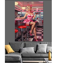 Bar Taburesinde Pembe Elbiseli Garson Pin Up Kızı  Dekoratif Kanvas - Mdf Ahşap Tablo