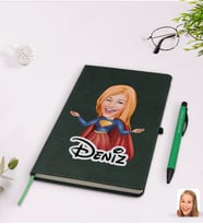 BK Gift Kişiye Özel Süper Girl Karikatürlü Yeşil Termo Deri Defter Kalem Seti Model 1