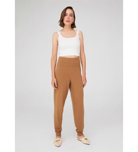 Peraluna Yüksek Bel Dar Paça Kaşmir Karışım Fit Kadın Triko Pantolon - Camel