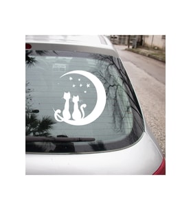 Ayın Üzerinde oturan 2Sevimli Kedi Oto Sticker yapıştırması 20CM Beyaz