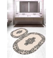 Dijital Baskılı Kaymaz Taban Yıkanabilir Oval 2'li Klozet Takımı Banyo Paspası NOKZ-SD-623 (Krem)