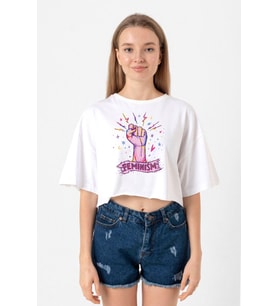 Colorful Feminism Hand Beyaz Kadın Crop Tshirt