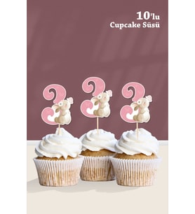 Kelebekli Tavşan 3 Yaşında Cupcake Süsü '10lu