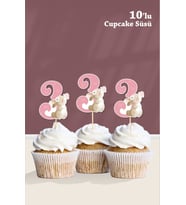 Kelebekli Tavşan 3 Yaşında Cupcake Süsü '10lu