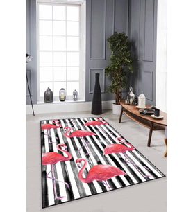 Pembe Flamingolu Kaymaz Tabanlı Dekoratif Halı RV347 - 100 x 160 cm