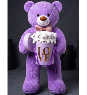 Dev 90cm Mor Peluş Ayı + 15 Mini Ayıcık Love Kutusu Sevgiliye Arkadaşa Ablaya Sürpriz Konsept Hediye Peluş Oyuncak