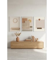 Doğal Tonlarda Modern Minimalist Soyut Geometrik 3’lü Ahşap Çerçeveli Tablo Seti