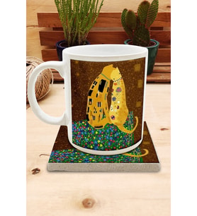 Kediler ve Sanat/Gustav Klimt The Kiss Set 8 - Standart KupaTaş Bardak Altlığı 2